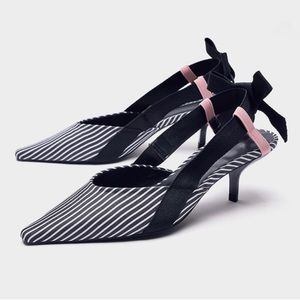 Zara Stripe Kitten Heel Slingback Mules Pointed Toe Bow tie Heels
